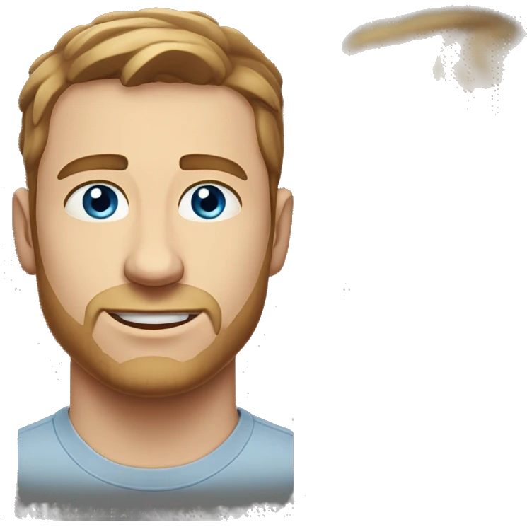 A head and shoulders shot of a 32 year old white man, with short brown hair,   with blue eyes wearing a t-shirt. emoji