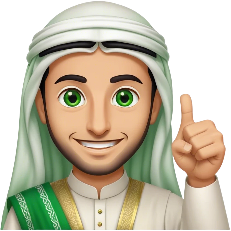 Arab Saudi man with green eyes, wearing an agal and traditional attire, smiling happily and giving a big thumbs-up emoji