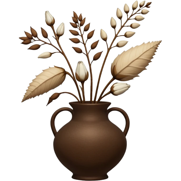 White Dried flowers and pods in a brown vase emoji