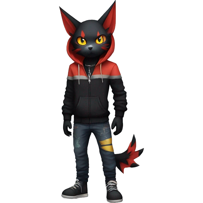 Cool Anthro Black Noibat-Quilava-Litten-Pokémon with edgy stripes hoodie spiked collar punk Full Body emoji