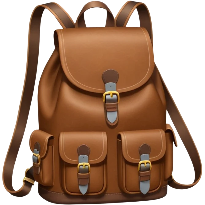 Draw a leather backpack using a front camera with an 80-degree angle from the ground, ensuring the object remains stationary without rotation or tilt. emoji