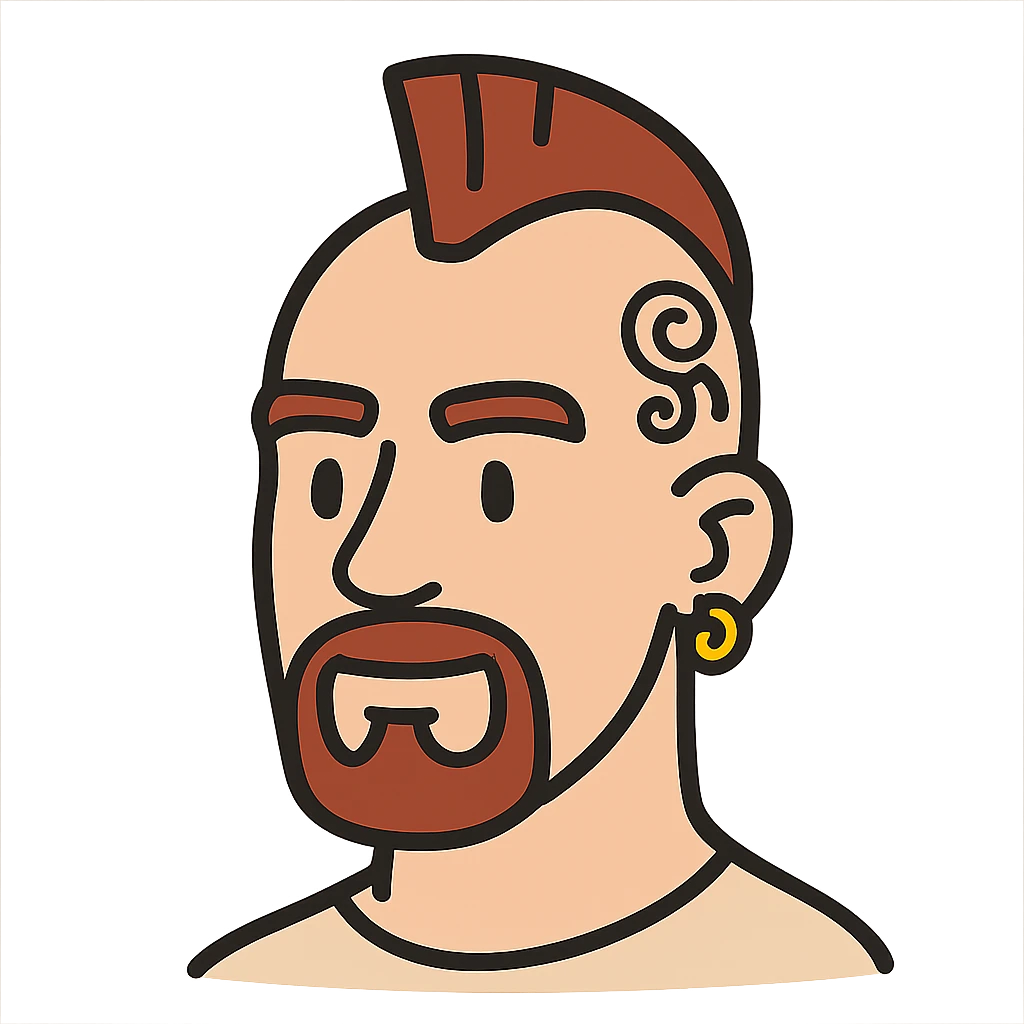 flat toon style head of a white man with a goatee, mohawk, earring, and head tattoo emoji