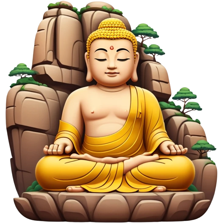 Leshan Giant Buddha massive stone statue, simplified emoji style with bold outlines and bright colors, cartoon style sitting Buddha carved in cliff emoji