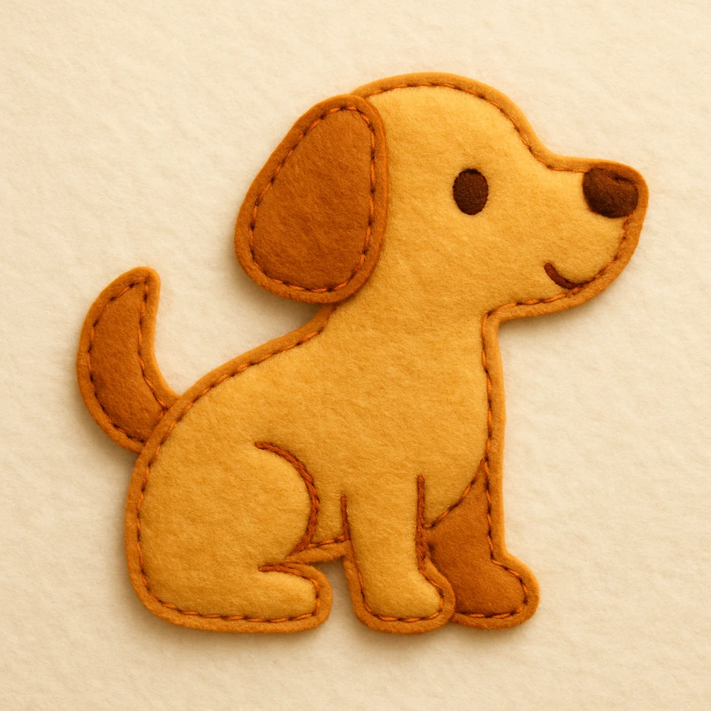 Minimal felt appliqué icon of a dog with soft, handcrafted felt look, lightly padded forms, simple shapes, clean outlines, medium-thickness orange or brown stitched edge, soft matte felt texture, warm yellows, oranges, and browns, small round eyes, simple nose, minimal mouth, subtle shadows, soft lighting, front or side profile, neutral off-white background emoji