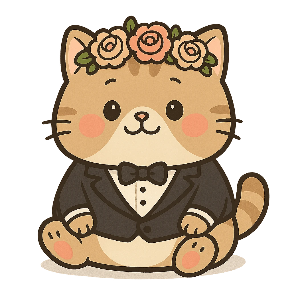 A chubby kitten wearing a tiny tuxedo and a flower crown, in a cute cartoon style emoji
