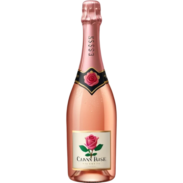 bottle of sparkling rosé champagne with a rose logo on the label, tilted up and to the right, no glass emoji