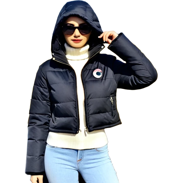 Siyah uzun saçlı siyah ceket  polar ceket ceket gevşek biraz omzundan çıkıyormuş gibi ve bugday ten rengi soltaraftaki omzundan çıkık sadece içinde de siyah crop var crop açık esmer esmer ceketin içinde siyah crop var be cropta omzuna bağlı ceketin sol üstü omzunun istinde emoji