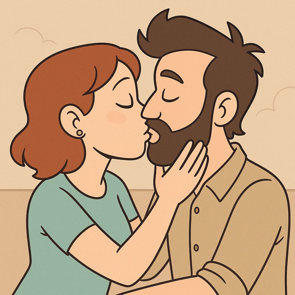 cartoon style illustration of a couple sharing a gentle kiss, soft and loving atmosphere emoji