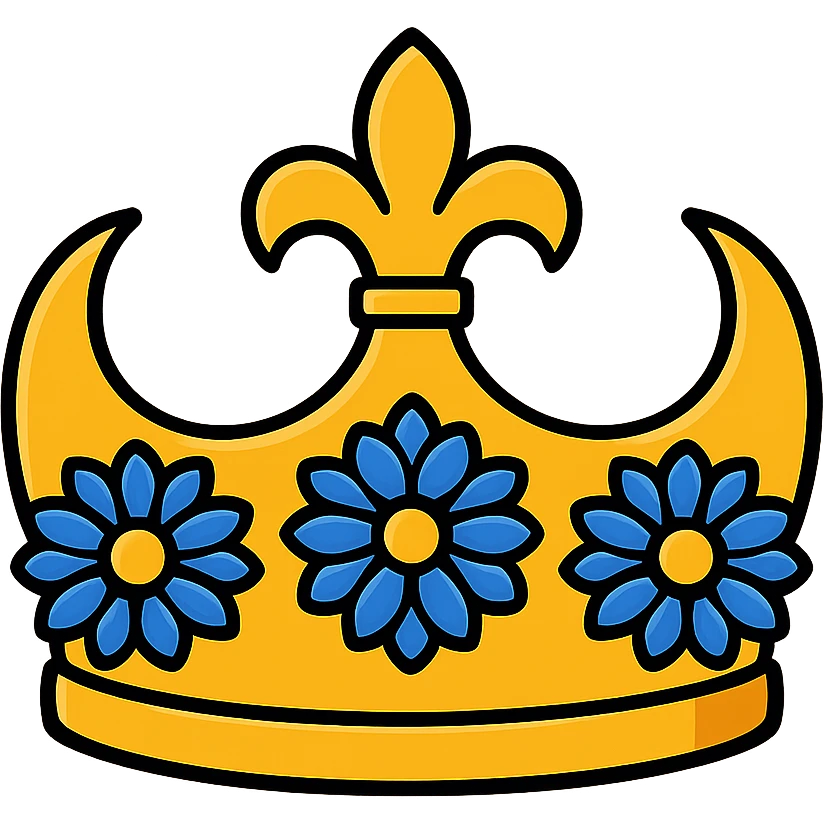 A queen level fantasy tiara-crown. The crown is golden and sun color shaded, and light royal blue colored dahlia flowers, are embedded in the ring of the crown. Ultra Realistic. Detailed design. Amazing details. emoji
