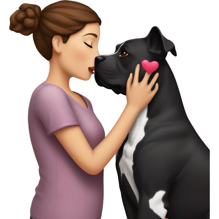 Brunette kissing big black pitbull dog, pink hearts emoji