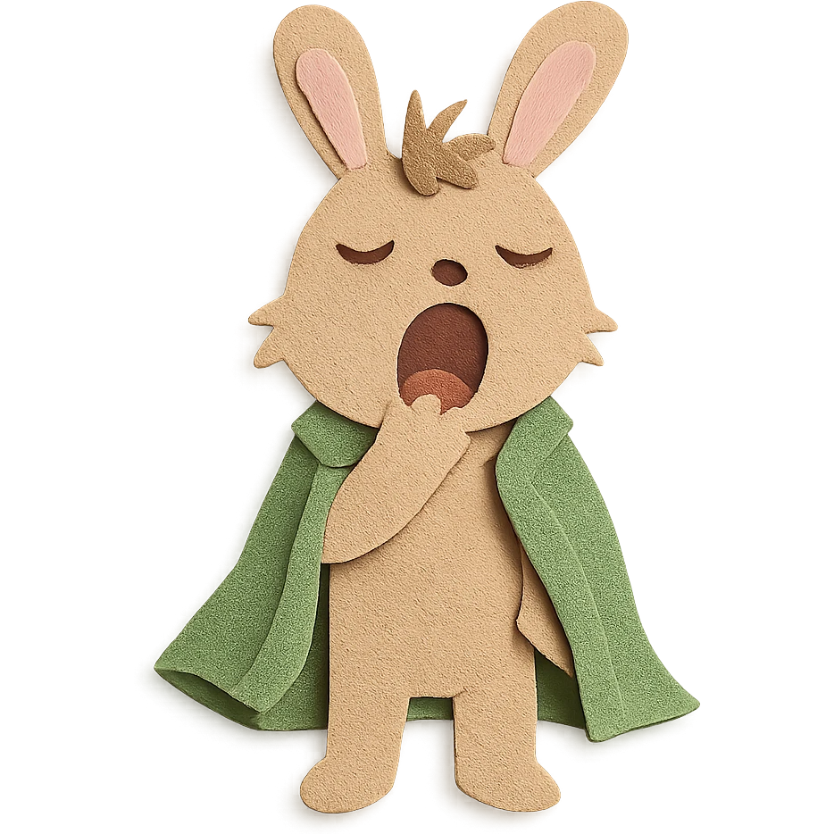 full-body pale brown bunny yawning with messy hair, blanket over shoulders, paper-craft style emoji