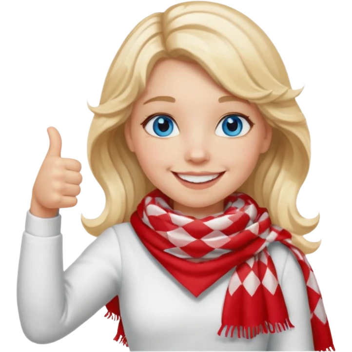 Blonde Girl, Blue Eyes, wavy hair, smiling, thumbs up, wearing red Checkered Triangle scarf, white dress emoji