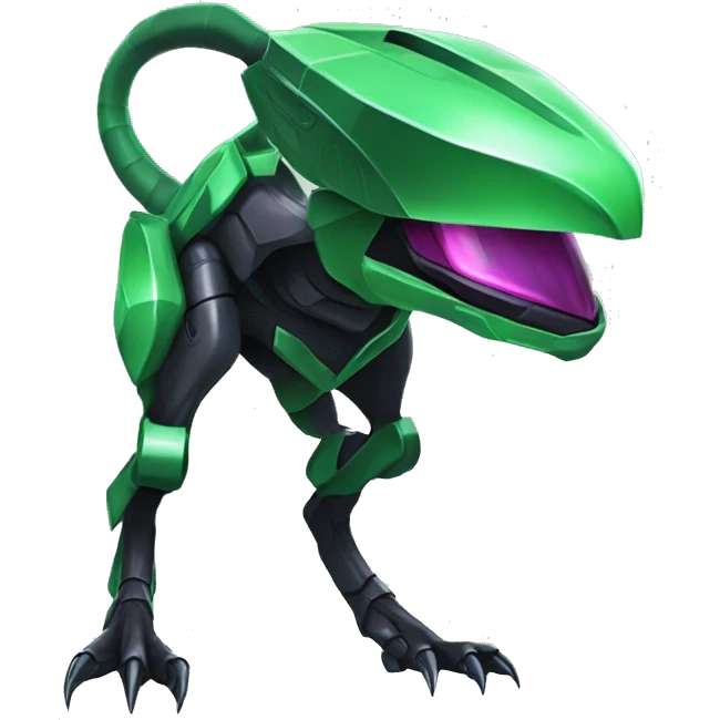 a shiny black-green Genesect-Raptor-Fakémon—hybrid with a futuristic visor-helmet full body emoji
