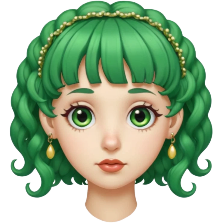 green curly  haired with hair bangs big head accessory big nose mid size ear old piercing  emoji