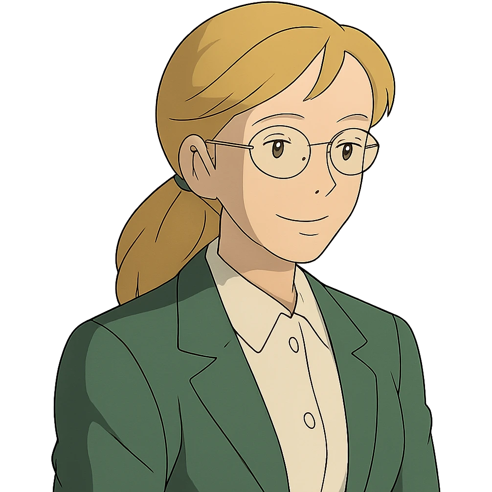 profesora rubia de pelo largo recogido, piel clara, estilo ghibli emoji