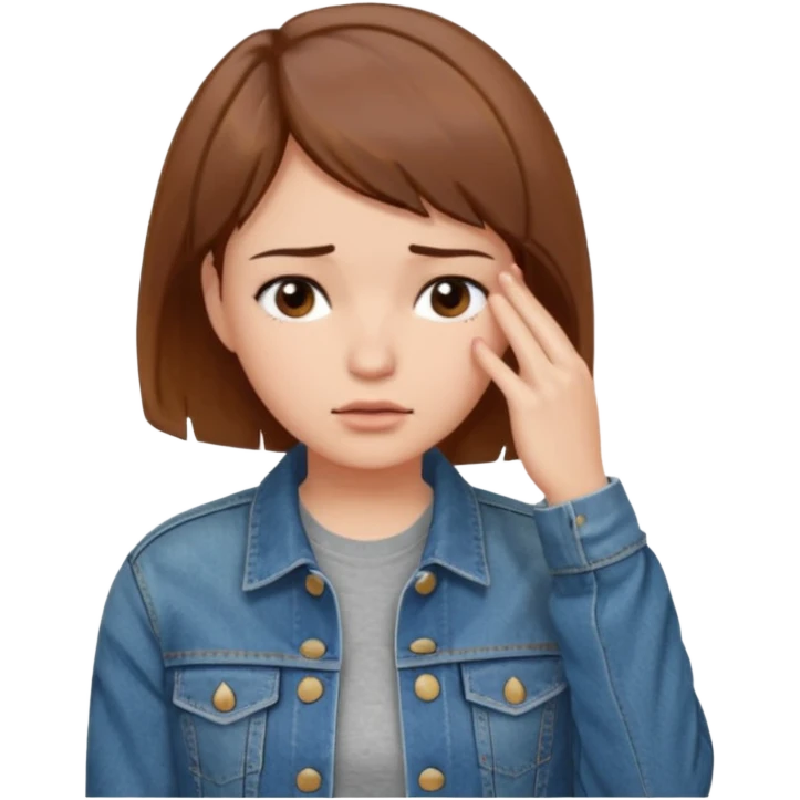 a woman with a brown short hair, looking at the left, facepalming, wearing a denim jacket, only upper body, high quality emoji