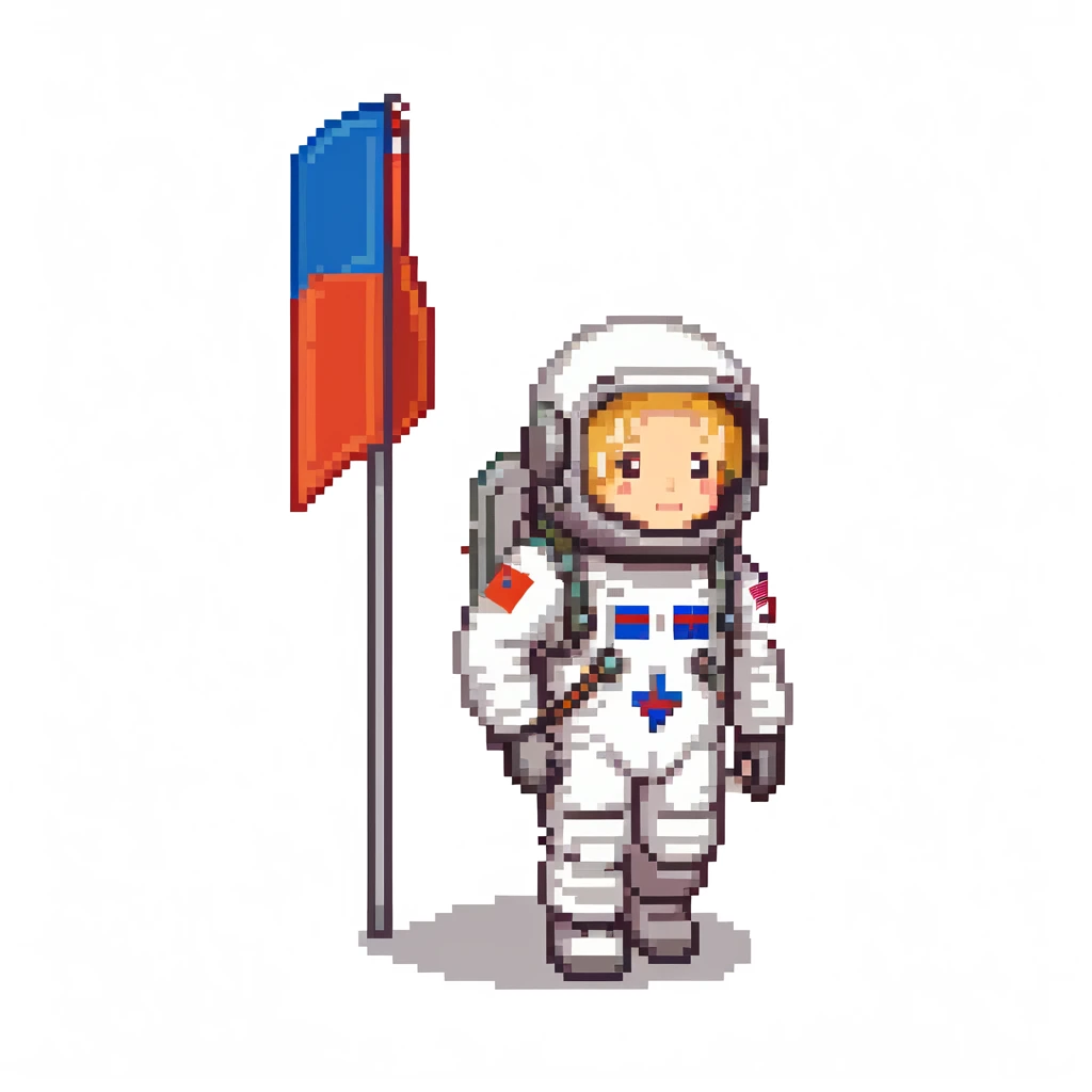 Cosmonaut walking on a planet surface, wearing a spacesuit with Russian flag, light hair and light skin visible through helmet emoji