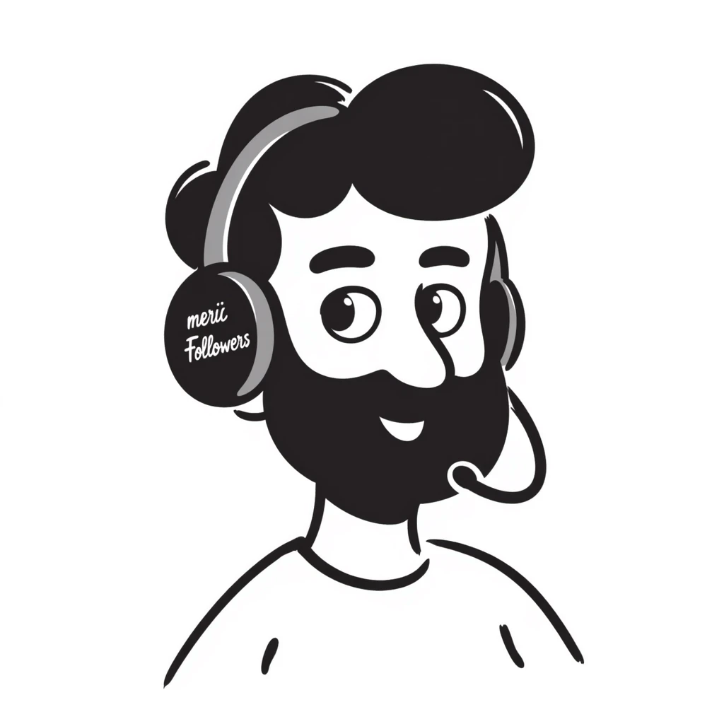A person with black hair, brown eyes, black beard wearing a gaming headset "merci Followers" emoji