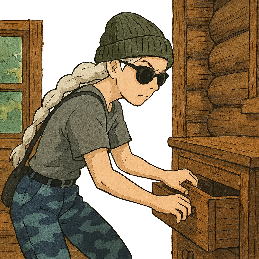 1 female, long white braid, knit cap, dark sunglasses, GRAY T-SHIRT, blue camo pants, LOOTING A CABIN, OPENING A DRAWER emoji