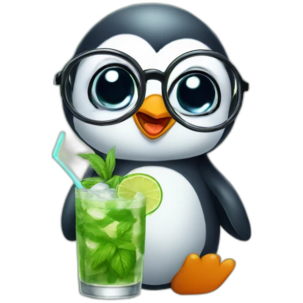baby penguin with big glasses drinking mojito emoji