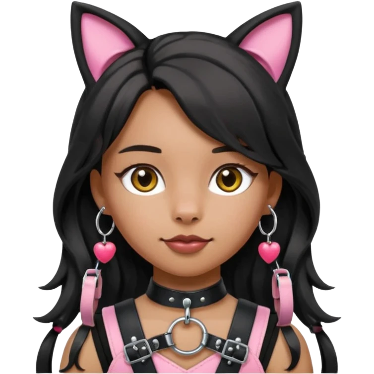 Edit the image to have longer hair, a more revealing black leather harness with a silver O-ring, a pink bow, and cat ears. The character should have medium Hispanic skin tone. Maintain the apple emoji style with a transparent background. emoji
