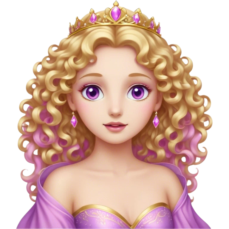 Cinematic Stunning Aurora Portrait Emoji, Ethereal in her flowing pink gown, golden curls shimmering, soft violet eyes filled with serenity, an enchanting glow surrounding her, capturing the beauty of a princess lost in a dream! emoji