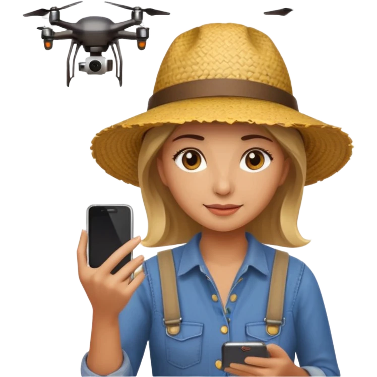 female farmer with a hat looking at smartphone with a drone in background, emoji style emoji
