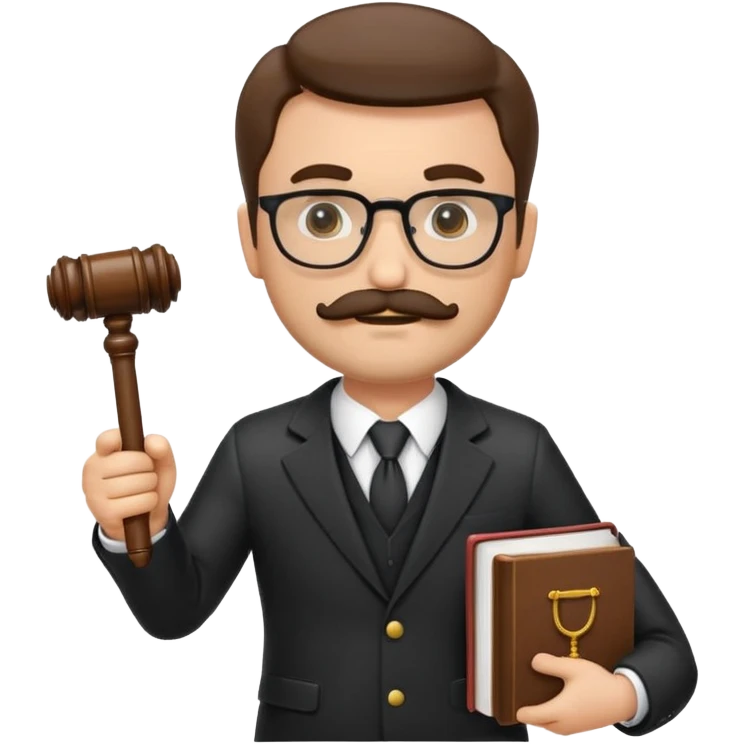 “Create a clean, modern emoji-style illustration of a male lawyer. He is wearing a formal suit jacket. He is holding a judge’s gavel in one hand and has a law book tucked under his arm. He has a mustache and a short beard, and he is wearing glasses. emoji