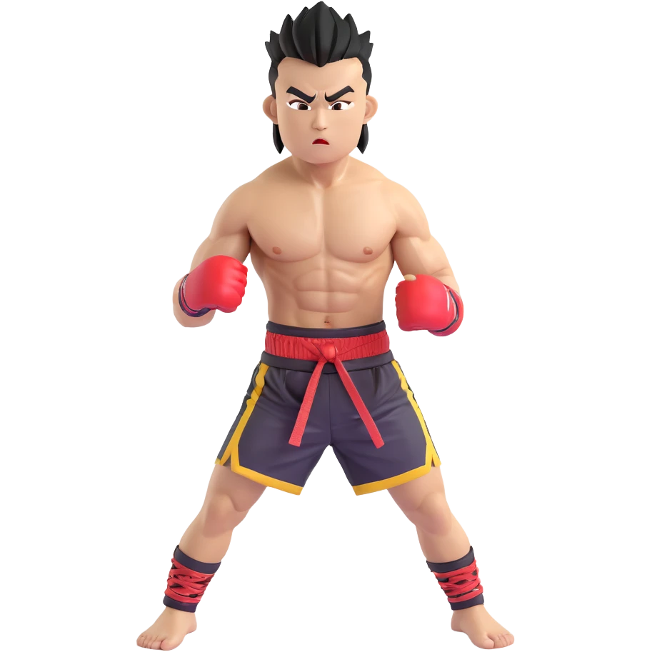 Rodtang Jitmuangnon with mohawk, intense expression, muscular build, in fighting stance, wearing mongkhon headband and Muay Thai shorts emoji