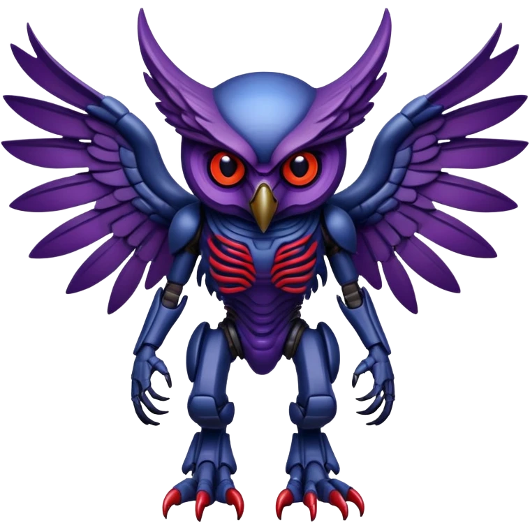 Owl xenomorph hybrid front facing full body dark purple and blue and red emoji
