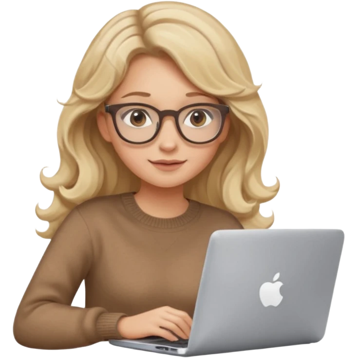 upper body view: blonde girl with dark blonde wavy hair, wearing pantos-style glasses and a brown sweater, sitting with a laptop, flat vector design, soft pastel colors, white background, Apple emoji style, upper body shot emoji