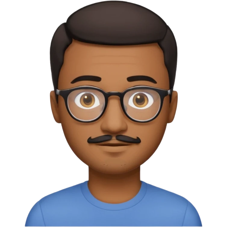 A friendly person with medium-brown skin, large warm brown eyes, thin rectangular glasses, a short mustache and small goatee, black short hair. Rounded face, calm slight smile. Head-and-shoulders emoji style, bold outlines, simple shapes, bright colors, transparent background. emoji