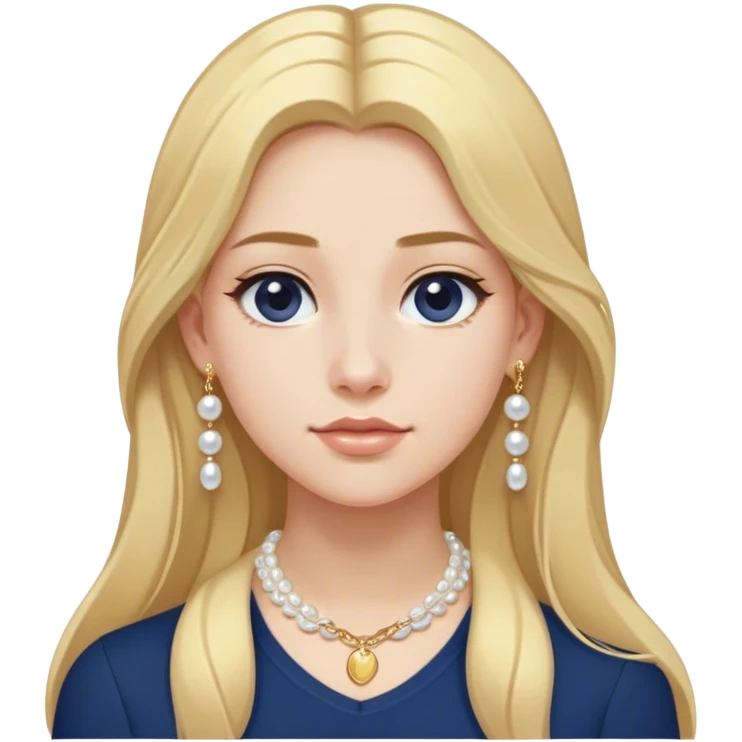 White girl with long blonde hair with a form fitting navy blue shirt with a dainty gold chain and pearl earrings emoji