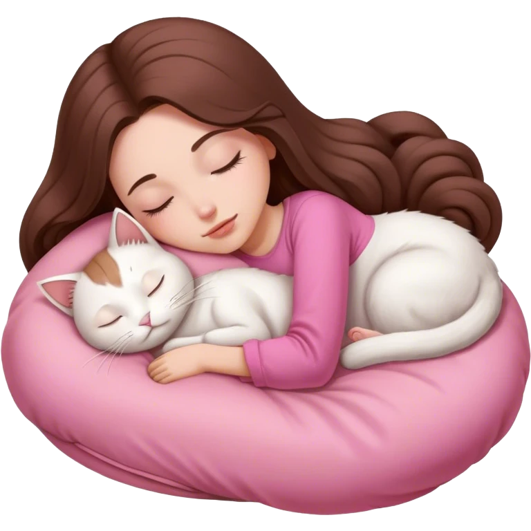 A pretty white girl with very long brown hair and pink clothing sleeping curled up to a white cat  emoji