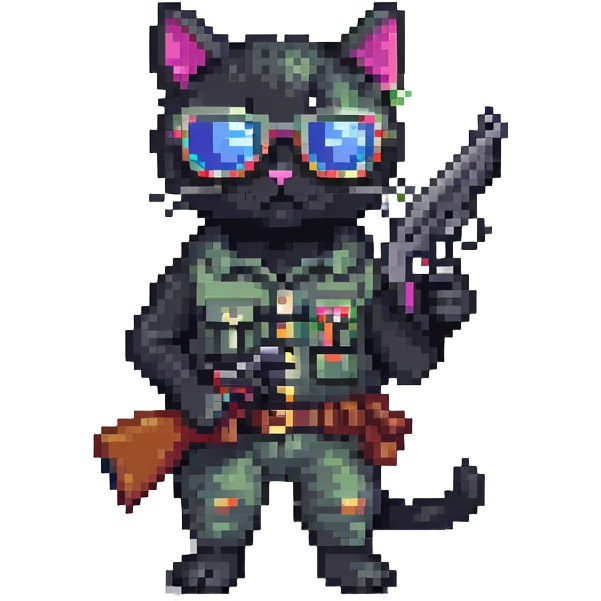 black cat with sunglasses and a gun emoji