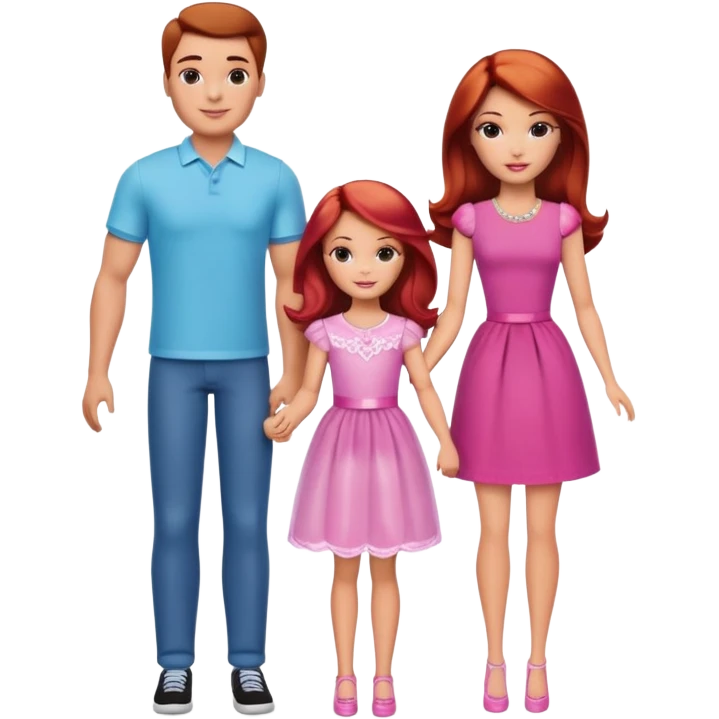 A barbie girl with makeup with brown hair with a child, a daughter, a girl with red hair, holding her hand in  and a husband, a man with brown hair, a family emoji