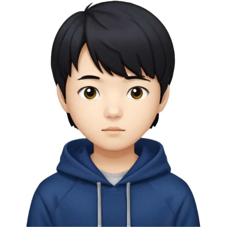 스트레이키즈 필릭스를 닮은 흑발에 앞머리를 덮은 잘생긴 14세 한국소년/ 옷 색깔은 남색 후드티 emoji