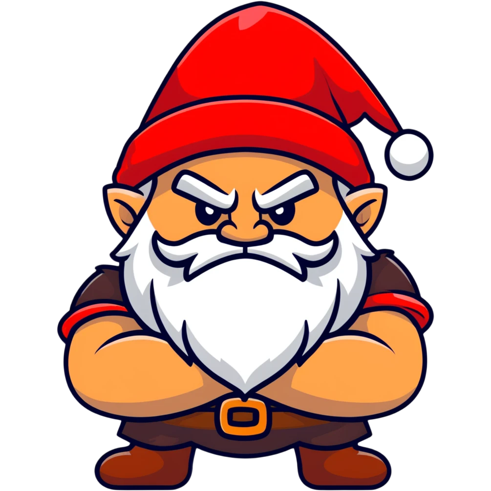 Grumpy dwarf character with angry expression, white beard, red hat, and arms crossed emoji