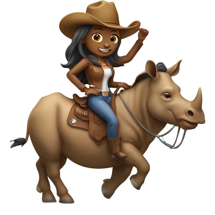 Woman with long hair with a cowboy hat and ahe’s riding a rhinoceros emoji