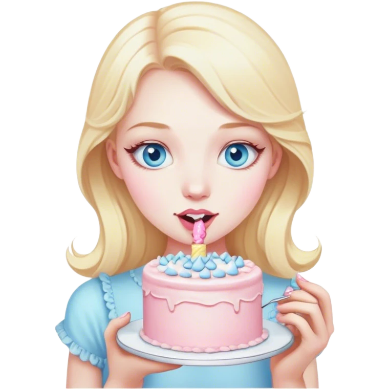 Blonde girl with pale skin and blue eyes with a light pink vintage cake  emoji