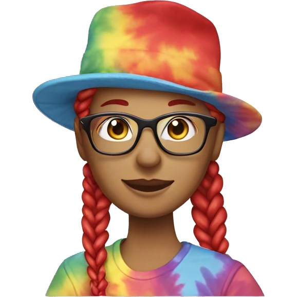 gardening hat lady with two red and blonde braids and tie-dye t-shirt and glasses emoji