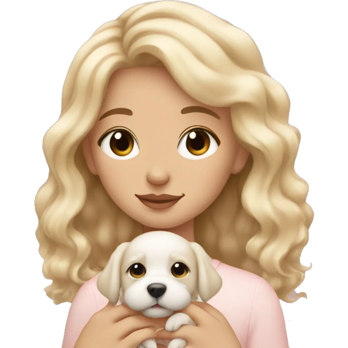 Aesthetic clean girl, white girl, blonde wavy hair holding cute small puppy with eyes closed and double heart emoji emoji