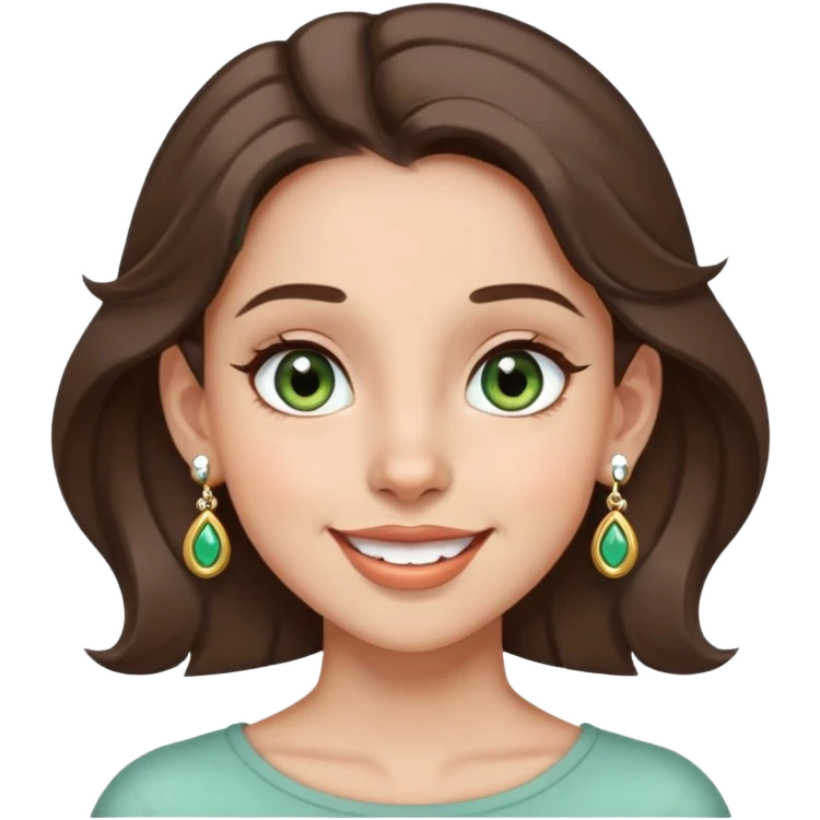 girl with gray-green eyes, brown hair, multiple earrings, mole on cheek, joyful expression emoji