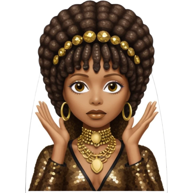 Erykah Badu with dark brown hair, dark brown sequin outfit emoji