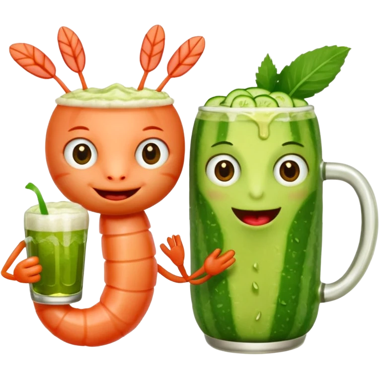 Create a modern emoji-style illustration of two shrimp characters, friendly and cool, slightly cartoon but stylish, not childish.
They are toasting (‘salud’), one shrimp holding a beer mug with aguachile topping, the other holding a fresh aguachile bowl with cucumber and chili.
  emoji