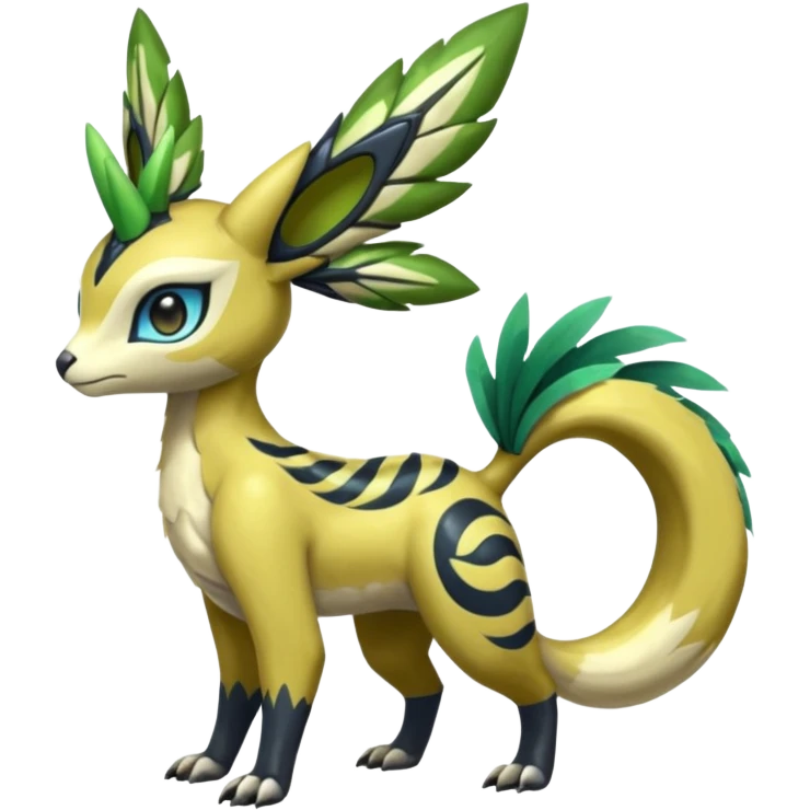  Exotic Tropical Feathery Leathery Scaly Planty Meloetta-Zygarde-Zeraora-Renamon-Protogen-Palkia-hybrid-fusion-Fakémon-creature, full body emoji