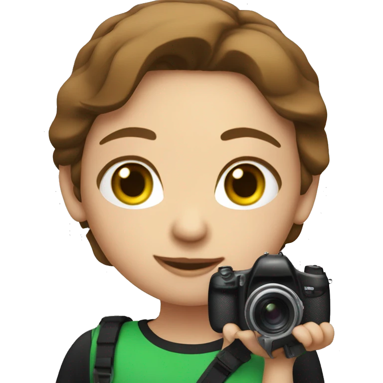 girl with brown hair, green eyes, red t-shirt and black pants holding photo camera emoji