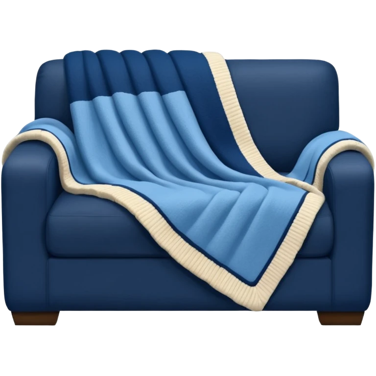 detailed, hyperrealism, still life style, beautiful realistic blue and cream  chunky wool blanket laying over a dark blue sofa emoji