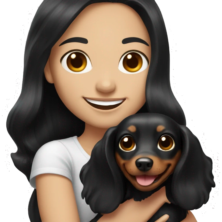 White girl with long black hair holding a dachshund and smiling emoji