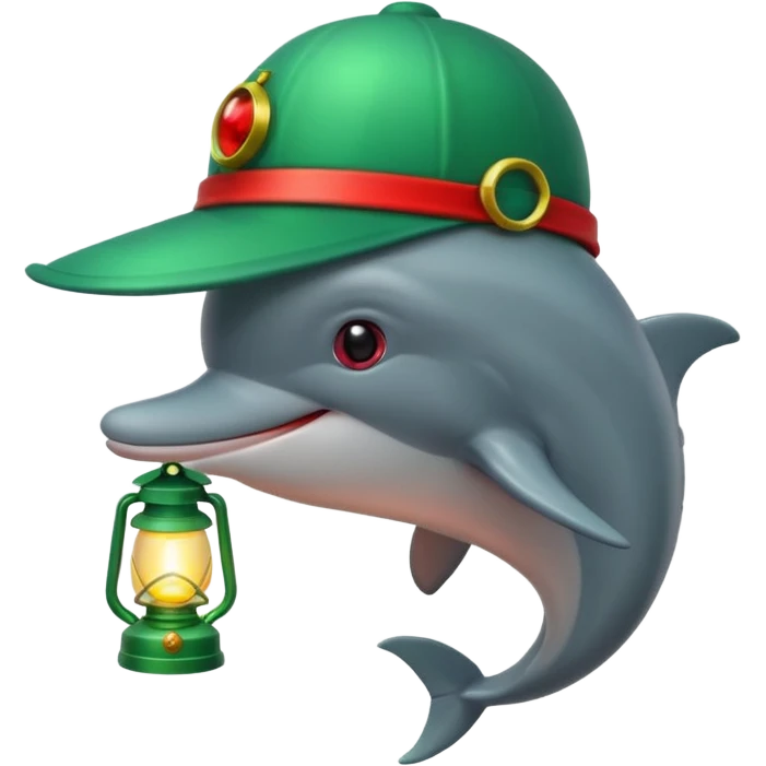 dolphin wearing green hat and a lantern with red light emoji